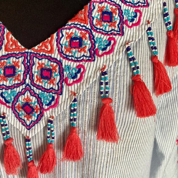 Chico's Blue White Stripe Popover Top Embroidered Beaded Tassels Size XL/16 Boho - Picture 10 of 13